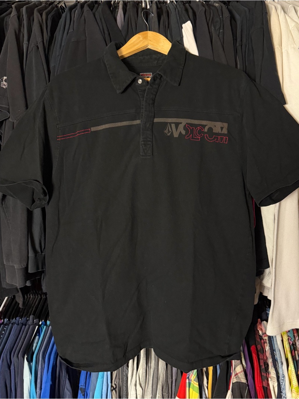 Vintage Volcom Polo Shirt Men’s Large Black Surfer Skater Y2K Grunge 00s Snap